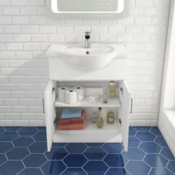 Vellamo Alpine 650mm Floorstanding Vanity Unit & Basin - Gloss White -Vado Shop 02 open doors 650