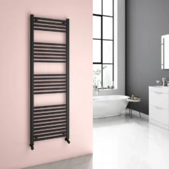 Brenton Matt Black Flat Heated Towel Rail - H1200 X W500mm -Vado Shop 22mm straight towel rail 1600x500 black lifestyle