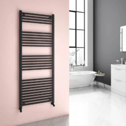Brenton Matt Black Flat Heated Towel Rail - H1200 X W500mm -Vado Shop 22mm straight towel rail 1600x600 black lifestyle