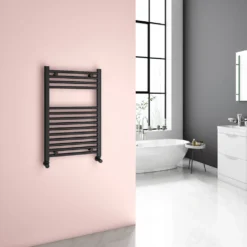 Brenton Matt Black Flat Heated Towel Rail - H1200 X W500mm -Vado Shop 22mm straight towel rail 800x500 black lifestyle