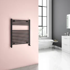 Brenton Matt Black Flat Heated Towel Rail - H1200 X W500mm -Vado Shop 22mm straight towel rail 800x600 black lifestyle