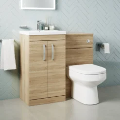 Emily 1000mm Bathroom Toilet & Sink Unit - Natural Oak - Harbour Clarity 525mm Toilet & Seat - Basin B - 18mm Height - Concealed Cistern