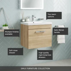 Emily 500mm Wall Mounted 1 Drawer Vanity Unit & Mid-Edged Basin - Hacienda Black -Vado Shop 500 wall 1 drawer call outs