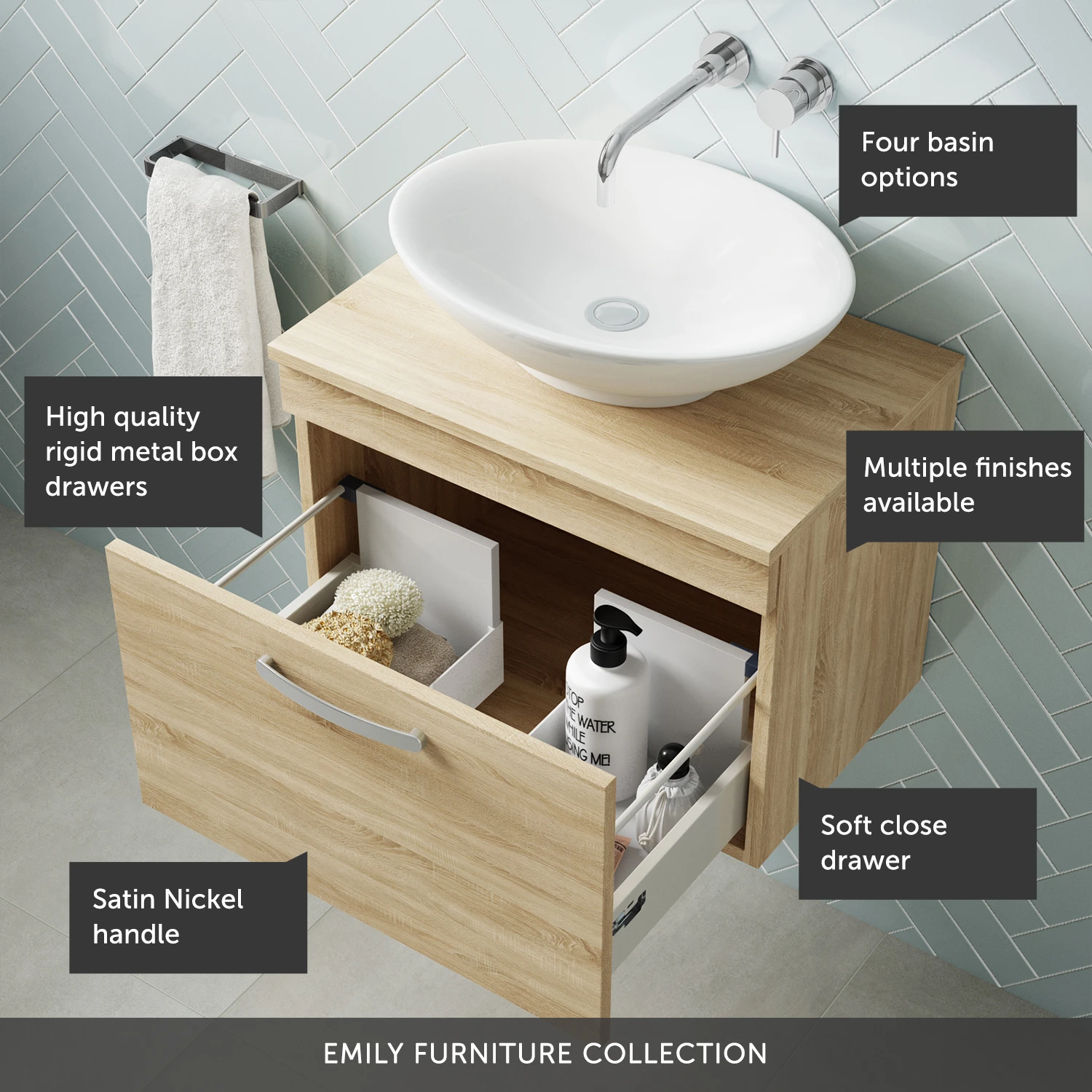 Emily 600mm Wall Mounted 1 Drawer Unit And Countertop - Gloss White - Hudson Reed Rectangular Countertop Basin 5 Emily 600mm Wall Mounted 1 Drawer Unit And Countertop - Gloss White - Hudson Reed Rectangular Countertop Basin - Image 5