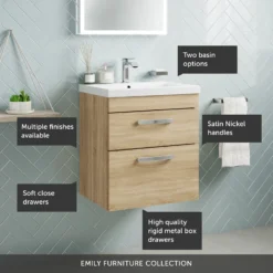 Emily 500mm Wall Mounted 2 Drawer Vanity Unit & Minimalist Basin - Gloss White -Vado Shop 500 wall 2 drawer call outs