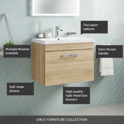 Emily 600mm Wall Mounted 1 Drawer Vanity Unit & Mid-Edged Basin - Natural Oak -Vado Shop 600 wall 1 drawer call outs