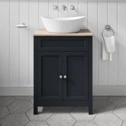 Butler & Rose Catherine Floorstanding Shadow Grey Vanity Unit With Country Oak-Effect Countertop & Audrey Stone Resin Basin -Vado Shop 600mm butler rose catherine countryoak countertop shadowgrey unit lifestyle2