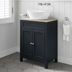 Butler & Rose Catherine Floorstanding Shadow Grey Vanity Unit With Country Oak-Effect Countertop & Audrey Stone Resin Basin -Vado Shop 600mm butler rose catherine countryoak countertop shadowgrey unit lifestyle3