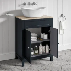 Butler & Rose Catherine Floorstanding Shadow Grey Vanity Unit With Country Oak-Effect Countertop & Audrey Stone Resin Basin -Vado Shop 600mm butler rose catherine countryoak countertop shadowgrey unit lifestyle4