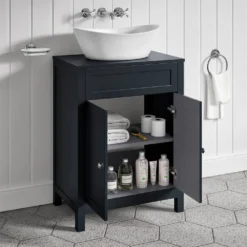 Butler & Rose Catherine Floorstanding Shadow Grey Vanity Unit With Shadow Grey Countertop & Audrey Stone Resin Basin -Vado Shop 600mm butler rose catherine shadowgrey countertop shadowgrey unit lifestyle4