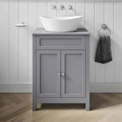 Butler & Rose Catherine Floorstanding Shadow Grey Vanity Unit With Shadow Grey Countertop & Audrey Stone Resin Basin -Vado Shop 600mm butler rose catherine tailoredgrey countertop tailoredgrey unit lifestyle2