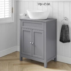 Butler & Rose Catherine Floorstanding Shadow Grey Vanity Unit With Shadow Grey Countertop & Audrey Stone Resin Basin -Vado Shop 600mm butler rose catherine tailoredgrey countertop tailoredgrey unit lifestyle3