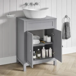 Butler & Rose Catherine Floorstanding Shadow Grey Vanity Unit With Shadow Grey Countertop & Audrey Stone Resin Basin -Vado Shop 600mm butler rose catherine tailoredgrey countertop tailoredgrey unit lifestyle4