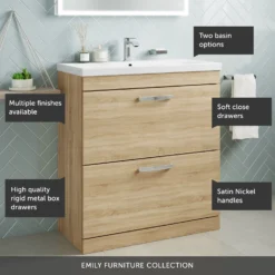 Emily 800mm Floorstanding 2 Drawer Vanity Unit & Minimalist Basin - Gloss White -Vado Shop 800 floor 2 drawer call outs