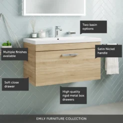 Emily 800mm Wall Mounted 1 Drawer Vanity Unit & Mid-Edged Basin - Gloss White -Vado Shop 800 wall 1 drawer call outs