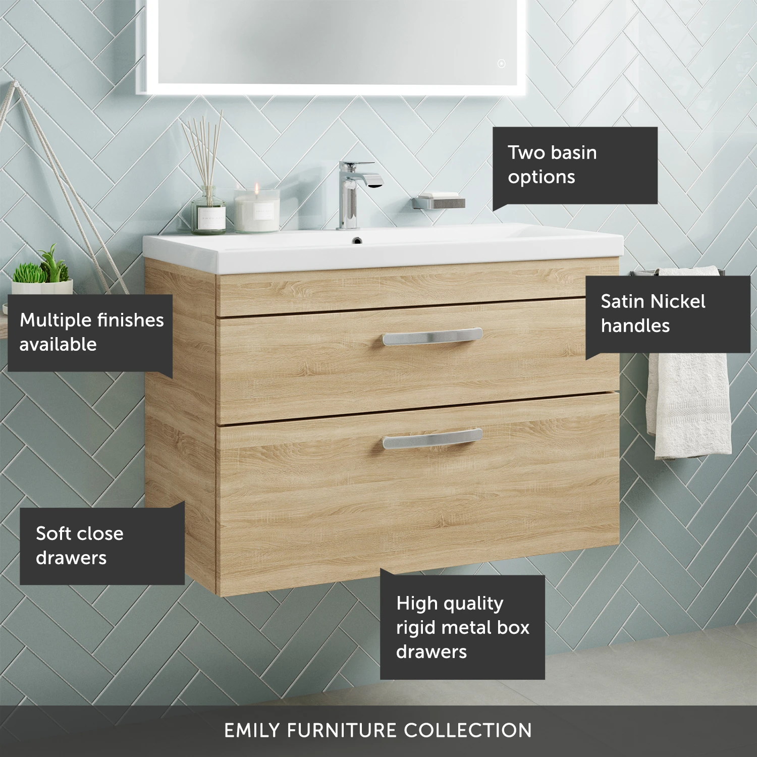Emily 800mm Wall Mounted 2 Drawer Vanity Unit & Minimalist Basin - Gloss White 7 Emily 800mm Wall Mounted 2 Drawer Vanity Unit & Minimalist Basin - Gloss White - Image 7
