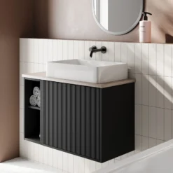 Billy 800mm Wall Hung Vanity Unit With Fluted Drawer Front & Countertop - Sonoma Oak & Matt Black -Vado Shop billy 800 fluted black unit oak top lifestyle 2 scaled