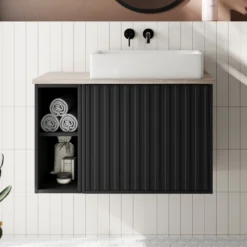 Billy 800mm Wall Hung Vanity Unit With Fluted Drawer Front & Countertop - Sonoma Oak & Matt Black -Vado Shop billy 800 fluted black unit oak top lifestyle