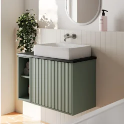 Billy 800mm Wall Hung Vanity Unit With Fluted Drawer Front & Countertop - Sonoma Oak & Matt Black -Vado Shop billy 800 fluted green unit black top lifestyle 2 scaled
