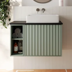 Billy 800mm Wall Hung Vanity Unit With Fluted Drawer Front & Countertop - Sonoma Oak & Matt Black -Vado Shop billy 800 fluted green unit black top lifestyle