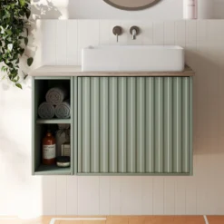 Billy 800mm Wall Hung Vanity Unit With Fluted Drawer Front & Countertop - Sonoma Oak & Matt Black -Vado Shop billy 800 fluted green unit oak top lifestyle