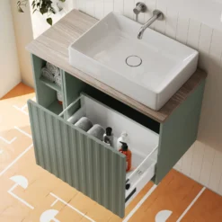 Billy 800mm Wall Hung Vanity Unit With Fluted Drawer Front & Countertop - Sonoma Oak & Matt Black -Vado Shop billy 800 fluted green unit oak top side view scaled
