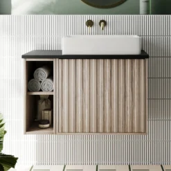 Billy 800mm Wall Hung Vanity Unit With Fluted Drawer Front & Countertop - Sonoma Oak & Matt Black -Vado Shop billy 800 fluted oak unit black top lifestyle