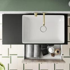 Billy 800mm Wall Hung Vanity Unit With Fluted Drawer Front & Countertop - Sonoma Oak & Matt Black -Vado Shop billy 800 fluted oak unit black top top view scaled