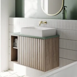 Billy 800mm Wall Hung Vanity Unit With Fluted Drawer Front & Countertop - Sonoma Oak & Matt Black -Vado Shop billy 800 fluted oak unit green top lifestyle 2 scaled