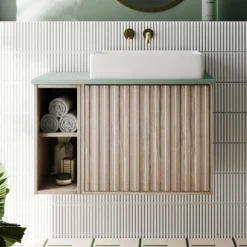 Billy 800mm Wall Hung Vanity Unit With Fluted Drawer Front & Countertop - Sonoma Oak & Matt Black -Vado Shop billy 800 fluted oak unit green top lifestyle