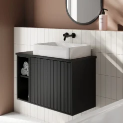 Billy 800mm Wall Hung Vanity Unit With Fluted Drawer Front & Countertop - Sonoma Oak & Matt Black -Vado Shop billy 800 fluted top unit black lifestyle 2 scaled