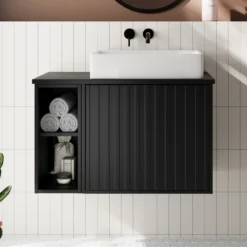 Billy 800mm Wall Hung Vanity Unit With Fluted Drawer Front & Countertop - Sonoma Oak & Matt Black -Vado Shop billy 800 fluted top unit black lifestyle