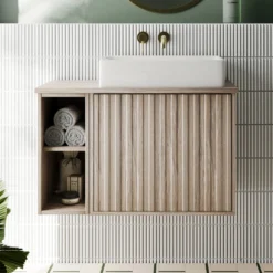 Billy 800mm Wall Hung Vanity Unit With Fluted Drawer Front & Countertop - Sonoma Oak & Matt Black -Vado Shop billy 800 fluted top unit oak lifestyle