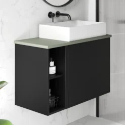 Billy 800mm Wall Hung Vanity Unit & Countertop - Sonoma Oak & Reed Green 33 Billy 800mm Wall Hung Vanity Unit & Countertop - Sonoma Oak & Reed Green -Vado Shop billy 800 plain black unit green top lifestyle 2 scaled