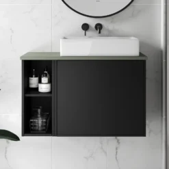 Billy 800mm Wall Hung Vanity Unit & Countertop - Sonoma Oak & Reed Green 32 Billy 800mm Wall Hung Vanity Unit & Countertop - Sonoma Oak & Reed Green -Vado Shop billy 800 plain black unit green top lifestyle