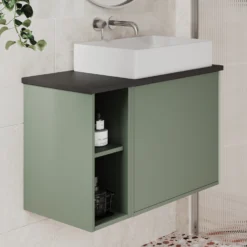 Billy 800mm Wall Hung Vanity Unit & Countertop - Sonoma Oak & Reed Green 38 Billy 800mm Wall Hung Vanity Unit & Countertop - Sonoma Oak & Reed Green -Vado Shop billy 800 plain green unit black top lifestyle 2 scaled