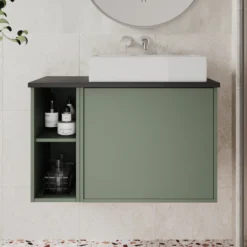 Billy 800mm Wall Hung Vanity Unit & Countertop - Sonoma Oak & Reed Green 36 Billy 800mm Wall Hung Vanity Unit & Countertop - Sonoma Oak & Reed Green -Vado Shop billy 800 plain green unit black top lifestyle