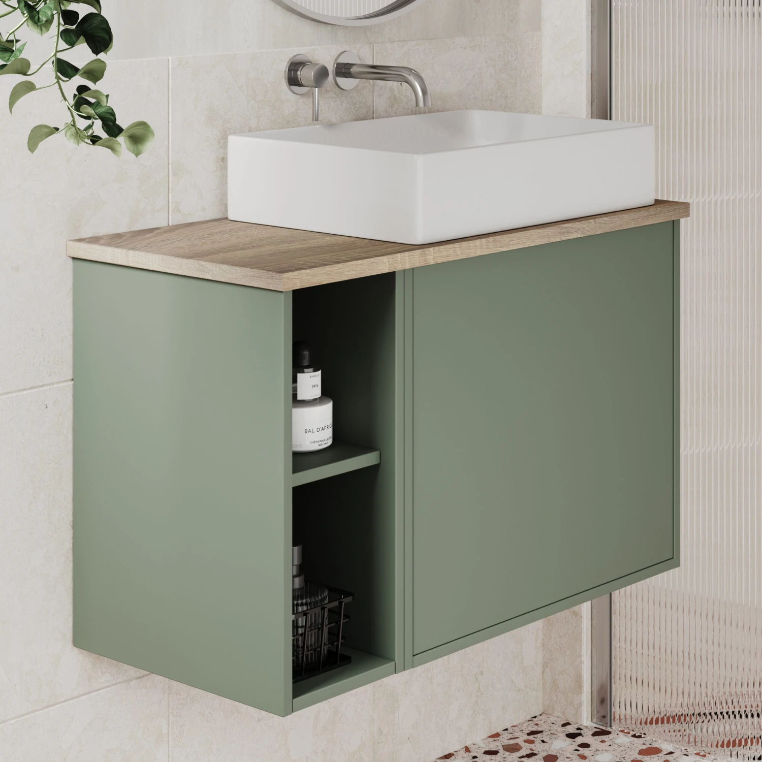 Billy 800mm Wall Hung Vanity Unit & Countertop - Sonoma Oak & Reed Green 16 Billy 800mm Wall Hung Vanity Unit & Countertop - Sonoma Oak & Reed Green - Image 16