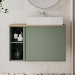 Billy 800mm Wall Hung Vanity Unit & Countertop - Sonoma Oak & Reed Green 34 Billy 800mm Wall Hung Vanity Unit & Countertop - Sonoma Oak & Reed Green -Vado Shop billy 800 plain green unit oak top lifestyle