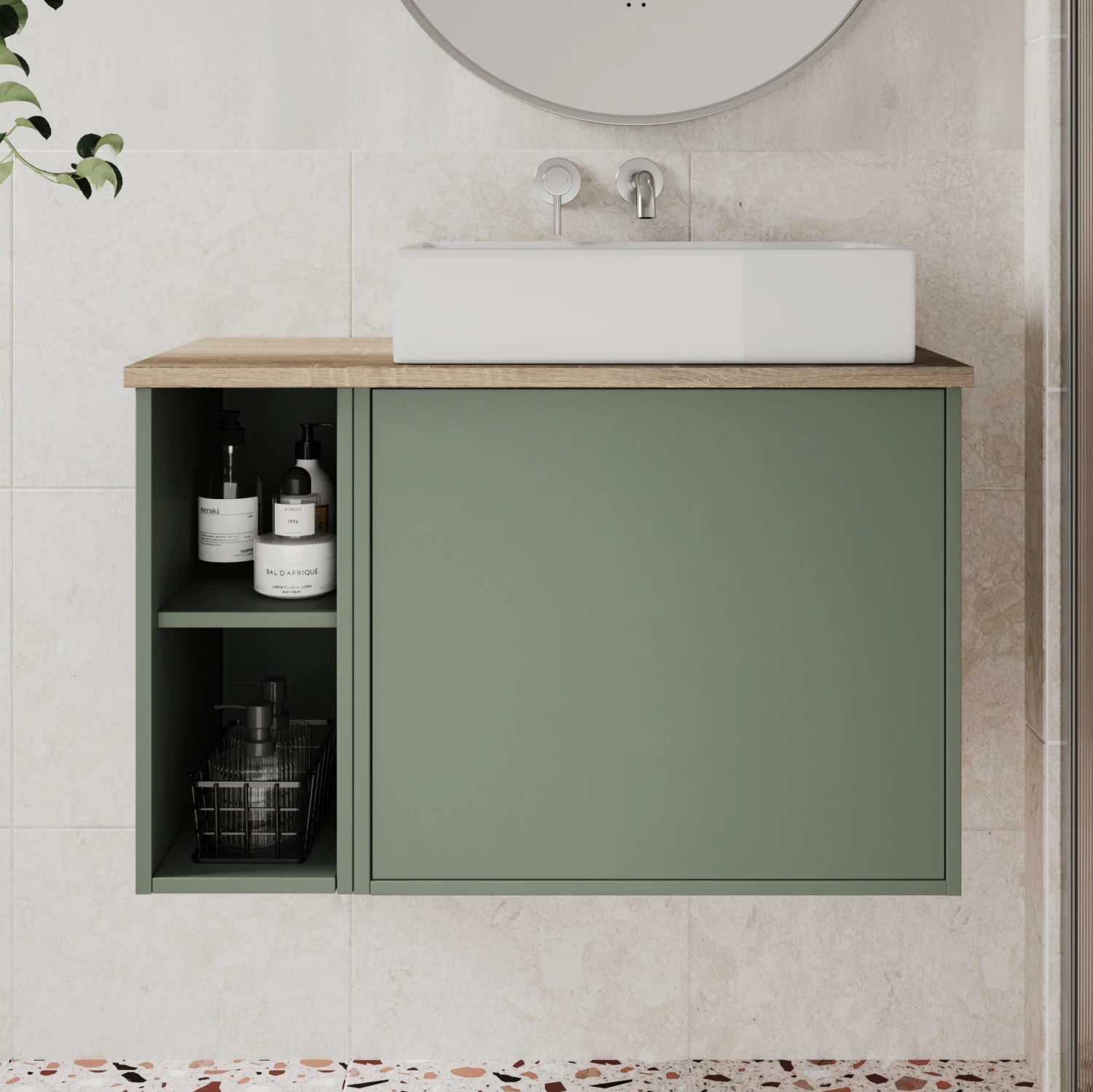 Billy 800mm Wall Hung Vanity Unit & Countertop - Sonoma Oak & Reed Green 15 Billy 800mm Wall Hung Vanity Unit & Countertop - Sonoma Oak & Reed Green - Image 15