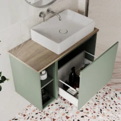 Billy 800mm Wall Hung Vanity Unit & Countertop - Sonoma Oak & Reed Green 37 Billy 800mm Wall Hung Vanity Unit & Countertop - Sonoma Oak & Reed Green -Vado Shop billy 800 plain green unit oak top side view scaled
