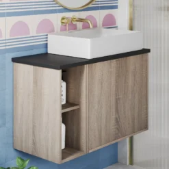 Billy 800mm Wall Hung Vanity Unit & Countertop - Sonoma Oak & Reed Green 27 Billy 800mm Wall Hung Vanity Unit & Countertop - Sonoma Oak & Reed Green -Vado Shop billy 800 plain oak unit black top lifestyle 2