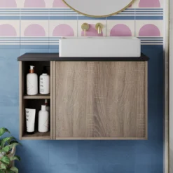 Billy 800mm Wall Hung Vanity Unit & Countertop - Sonoma Oak & Reed Green 26 Billy 800mm Wall Hung Vanity Unit & Countertop - Sonoma Oak & Reed Green -Vado Shop billy 800 plain oak unit black top lifestyle