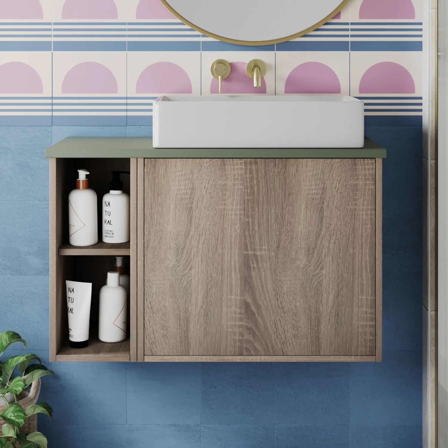 Billy 800mm Wall Hung Vanity Unit & Countertop - Sonoma Oak & Reed Green 9 Billy 800mm Wall Hung Vanity Unit & Countertop - Sonoma Oak & Reed Green - Image 9