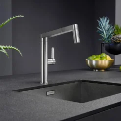 Blanco Panera-S Eco Cold Start Single Lever Brushed Stainless Steel Pull Out Mono Kitchen Mixer Spray Tap