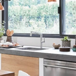 Blanco Panera-S Eco Cold Start Single Lever Brushed Stainless Steel Pull Out Mono Kitchen Mixer Spray Tap -Vado Shop blanco panera pull out tap steel lifestyle 4