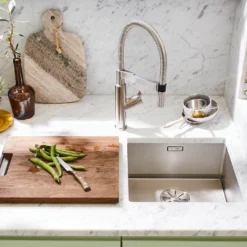 Blanco Solenta-S Senso Smart Pull Out Kitchen Mixer Spray Tap With Hands-Free Operation - PVD Steel -Vado Shop blanco solenta senso pull out tap steel lifestyle 4