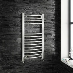 Brenton Chrome Curved Heated Towel Radiator - 22mm - 800 X 400mm -Vado Shop brenton 22mm curved 800x400 towel rail lifestyle