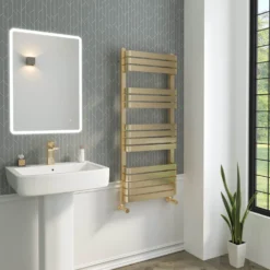 Brenton Brushed Brass Heated Towel Rail - 1200 X 500mm -Vado Shop brenton heated towel rail brushed brass lifestyle