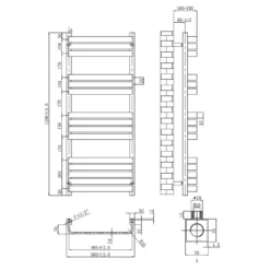 Brenton Brushed Brass Heated Towel Rail - 1200 X 500mm -Vado Shop brenton heated towel rail drawing